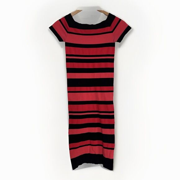 BEBE Dress Size P/S Coral Red Black Stripe Off Shoulder Bodycon Y2K Body Shaping - Picture 1 of 11